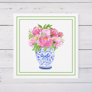 Pink Peonies Chinoiserie Vase Green Border Card
