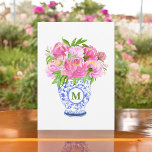 Pink Peonies Chinoiserie Vase Green Monogram Card<br><div class="desc">Who doesn't love peonies? They are so beautiful in this blue and white vase. Grab these cards for thank you notes,  birthday cards,  or notes to friends or family. Personalise with an initial. This peonies pattern can be found on other items in my shop,  PageCreative Designs.</div>