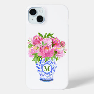 Pink Peonies Chinoiserie Vase Green Monogram iPhone 15 Mini Case