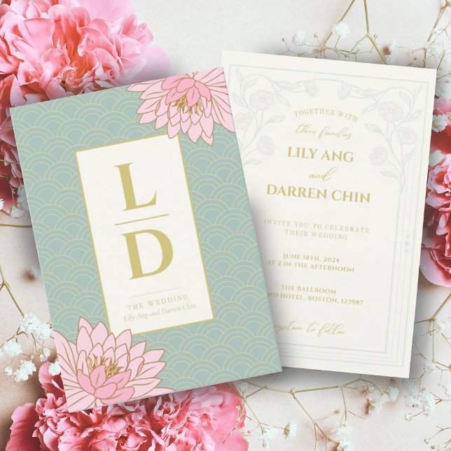 PINK PEONIES CHINOISERIE WEDDING INVITATION (Creator Uploaded)