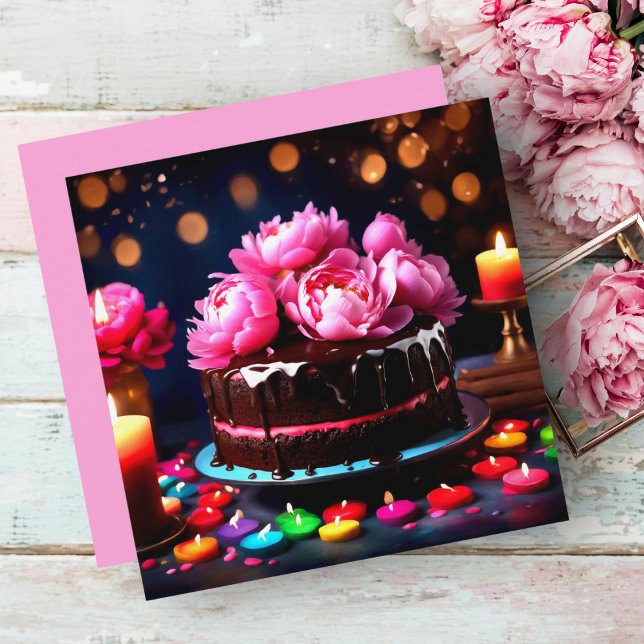 Pink Peonies Chocolate Birthday Personalised Card (A charming peony chocolate cake to celebrate someone's birthday or special occasion. )
