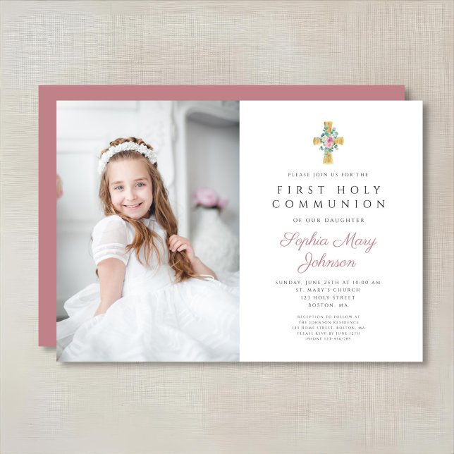 Pink Peonies Cross Girl First Communion Photo Invitation (Pink Peonies Cross Girl First Communion Photo Invitation)