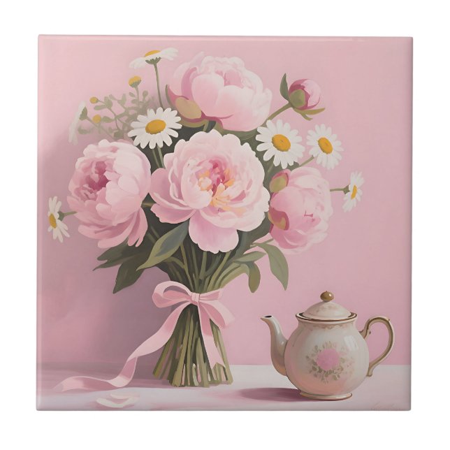 Pink Peonies Daisies Bouquet Ceramic Tile (Front)