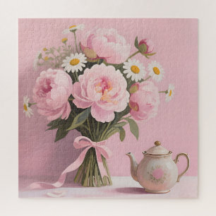 Pink Peonies Daisies Bouquet Jigsaw Puzzle