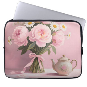 Pink Peonies Daisies Bouquet Laptop Sleeve