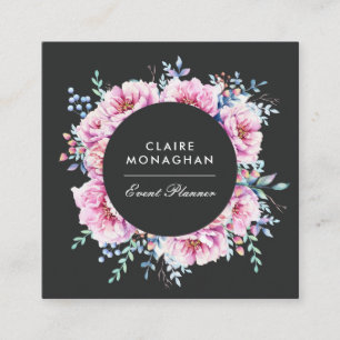 Pink Peonies   Dark Square Business Card