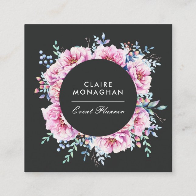 Pink Peonies | Dark Square Business Card (Front)