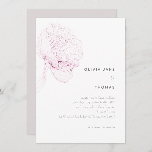 Pink Peonies Elegant Floral Sketch Wedding Invitation (Front/Back)