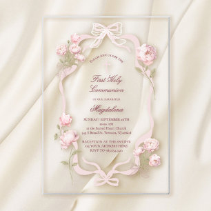 pink peonies First Holy Communion girl Acrylic Invitations