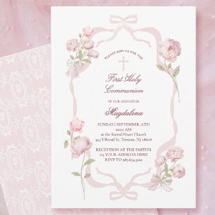 pink peonies First Holy Communion girl Invitation