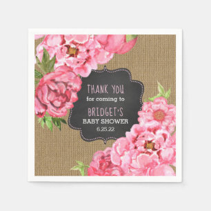 Pink Peonies floral burlap baby shower decor Napkin