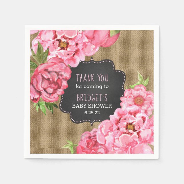 Pink Peonies floral burlap baby shower decor Napkin (Front)