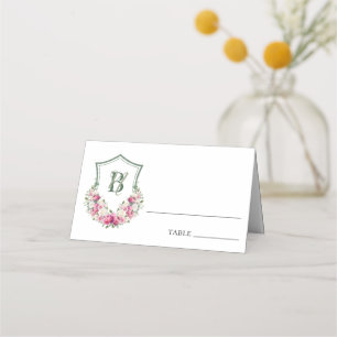 Pink Peonies Floral Crest Wedding Place Card