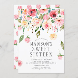 Pink Peonies Floral Drop Sweet Sixteen Party Invitation
