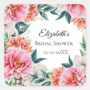 Pink Peonies Floral Eucalyptus Bridal Shower Favou Square Sticker