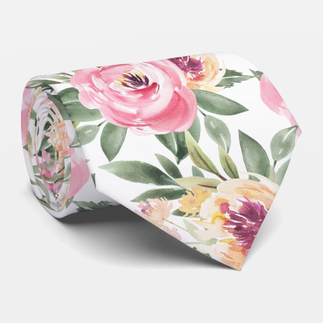Pink Peonies Floral Watercolor Flowers Necktie (Rolled)