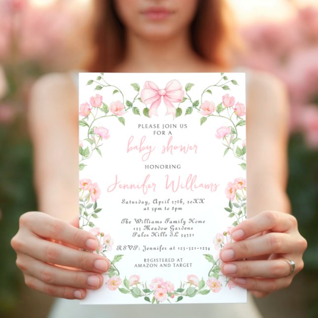 Pink Peonies Floral Wreath Bow Baby Girl Shower Invitation (Creator Uploaded)