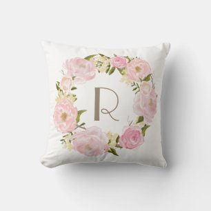 Pink Peonies Floral Wreath Monogram Pillow