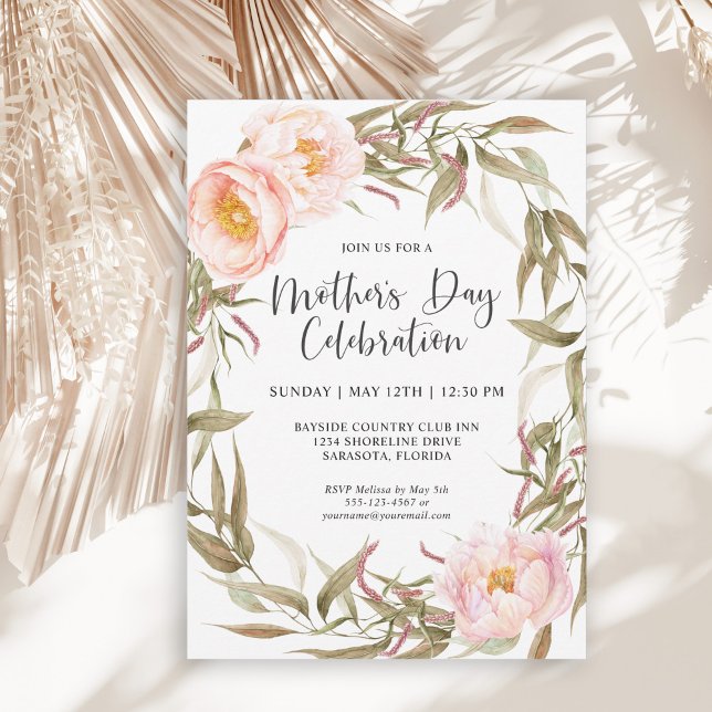 Pink Peonies Floral Wreath Mothers Day Celebration Invitation (Available as printed or paperless digital download!)