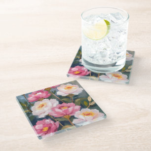 Pink Peonies Flower Bouquet Watercolor Glass Coaster