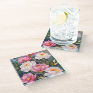 Pink Peonies Flower Bouquet Watercolor Glass Coaster