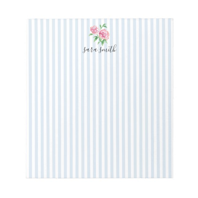 Pink Peonies Flower Custom Name Stripe Notepad (Front)