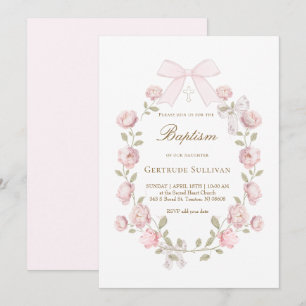 pink peonies flowers Baptism Invitation