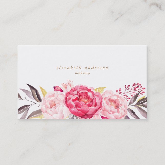 Pink Peonies Flowers Watercolor Business Card (Front)