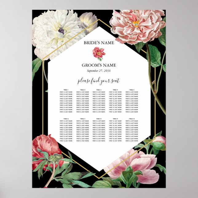 Pink Peonies Flowers Wedding Black Seating Chart (Front)