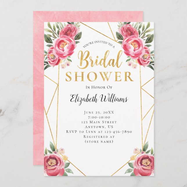 Pink Peonies Geometric Frame Bridal Shower Invitation (Front/Back)