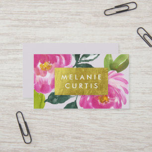 Pink Peonies Gold Faux Foil Business Card