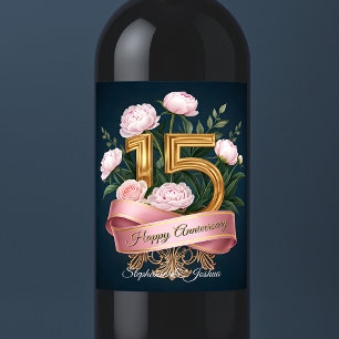 Pink Peonies Gold Number 15th Wedding Anniversary Wine Label
