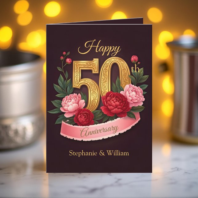 Pink Peonies Gold Number 50th Wedding Anniversary Card (Creator Uploaded)