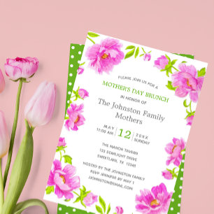 Pink Peonies Green Polka Dot Mother's Day Brunch Invitation