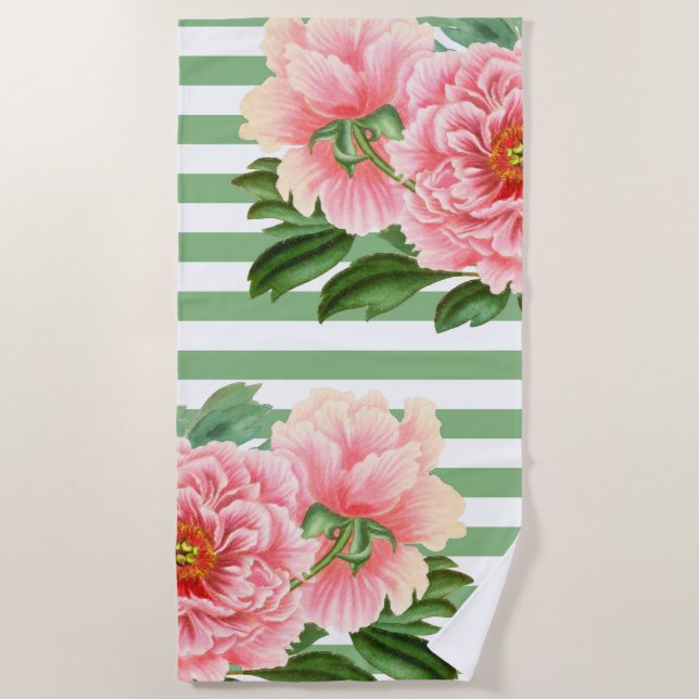 Pink Peonies Green Stripes Beach Towel (Front)