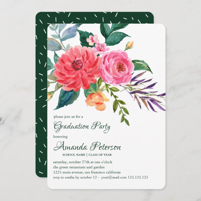 Pink Peonies Greenery Flower Graduation Invitation (Front/Back)