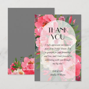 Pink Peonies Grey Bridal Shower  Thank You Card