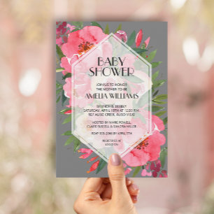 Pink Peonies Grey Floral Baby Shower Invitations