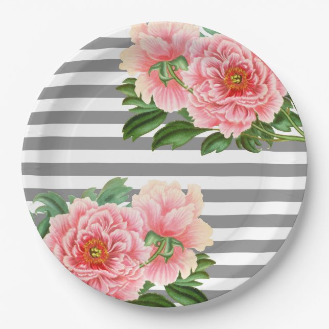 Pink peonies grey lines paper plate (Front)
