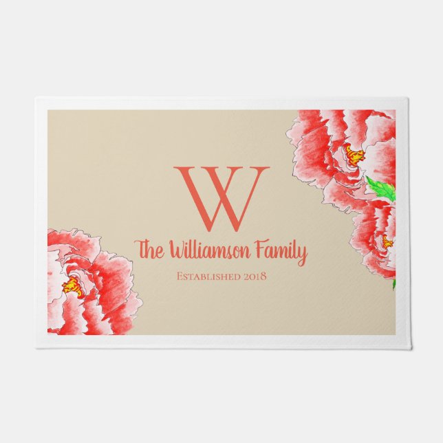 Pink Peonies Illustration & Family Name Doormat (Front)