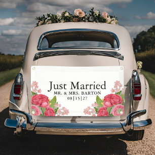 Pink Peonies Just Married Car Banner