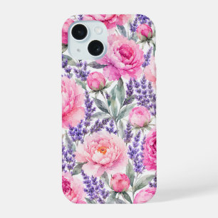 Pink Peonies & Lavender Watercolor Floral Pattern iPhone 15 Case