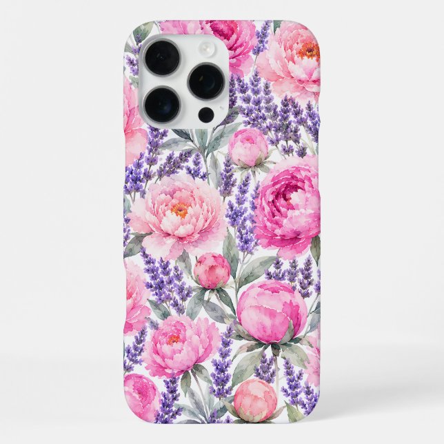 Pink Peonies & Lavender Watercolor Floral Pattern iPhone Case (Back)