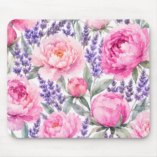 Pink Peonies & Lavender Watercolor Floral Pattern Mouse Pad (Front)