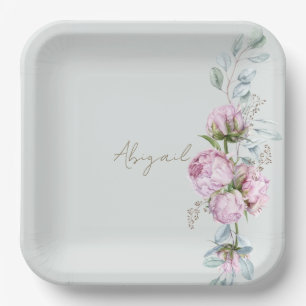 Pink Peonies Light Sage Bridal Shower  Paper Plate