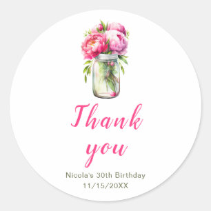 Pink Peonies Mason Jar Birthday Classic Round Sticker