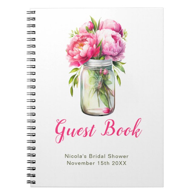 Pink Peonies Mason Jar Bridal Shower Guest Book (Front)