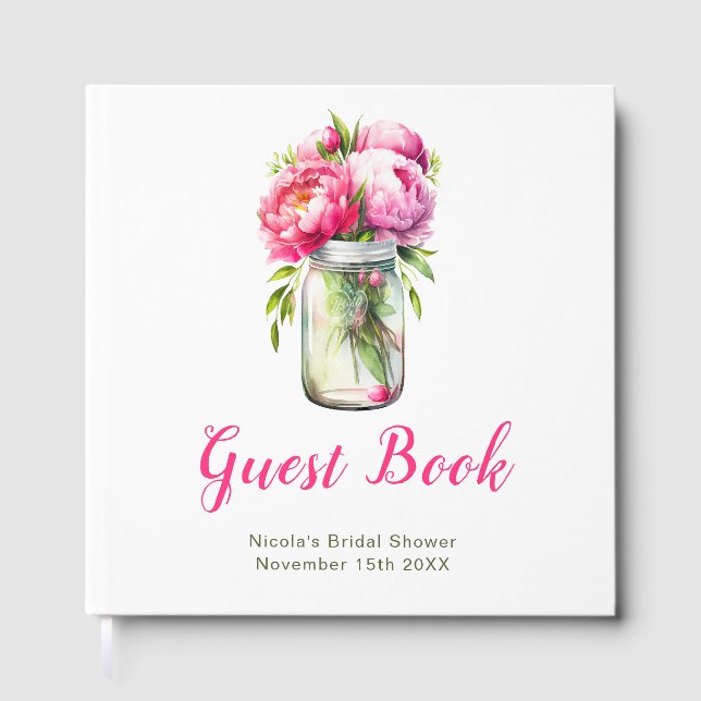 Pink Peonies Mason Jar Bridal Shower Guest Book (Front)