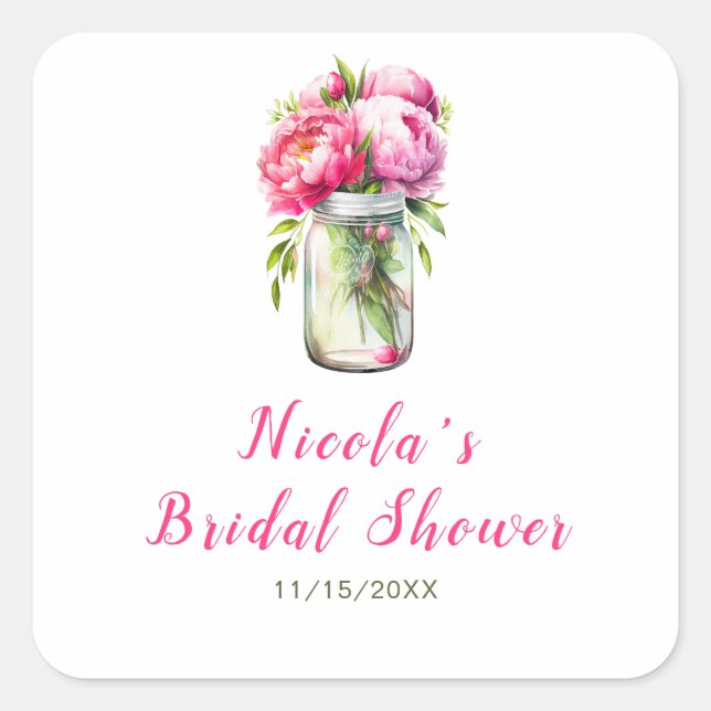 Pink Peonies Mason Jar Bridal Shower Square Sticker (Front)