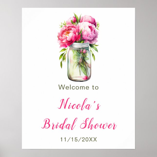 Pink Peonies Mason Jar Bridal Shower Welcome Poster (Front)